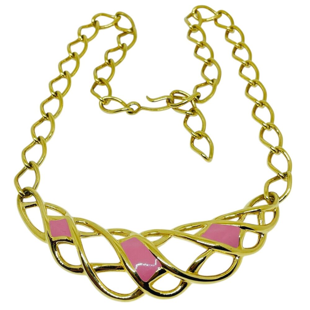 MONET vintage signed gold tone pink enamel designer chain necklace